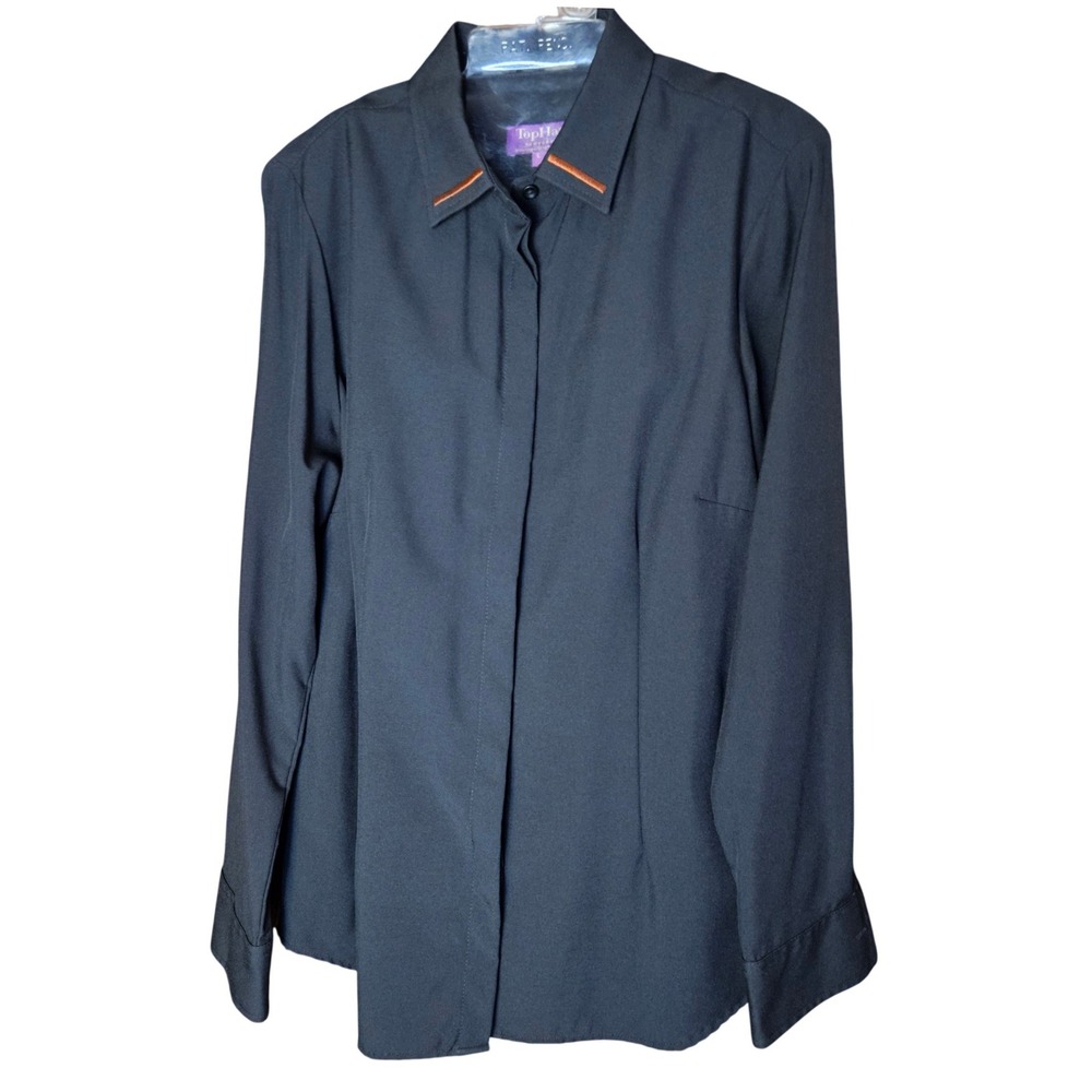 TopHat New York Womens Large Black Button Down Shirt Orange Collar Accent Blouse